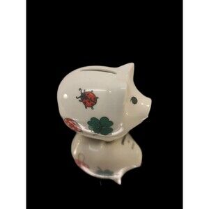 Vintage Ceramic German Piggy Bank Duetsche Mark Floral Lady Bug Clover leaf